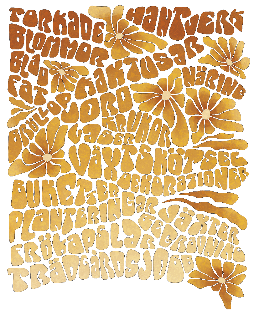 Flyer med Herbanist logotyp och text om blommor, växter och buketter